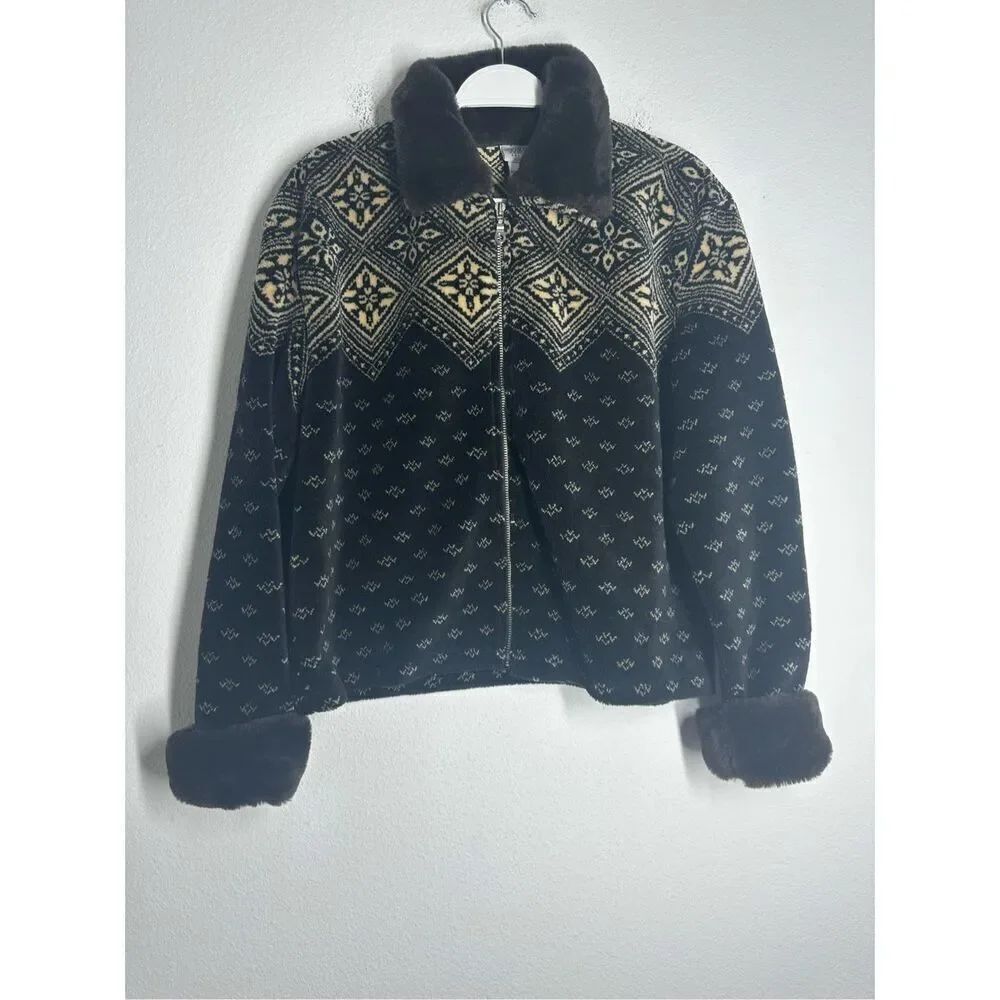 Willi Smith Collection Plush Black Tan Zip Cropped Jacket Faux Fur Collar Sz M